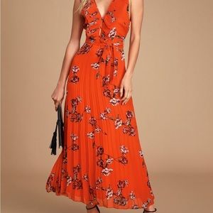 Red Orange Floral Print Pleated Chiffon Maxi Dress